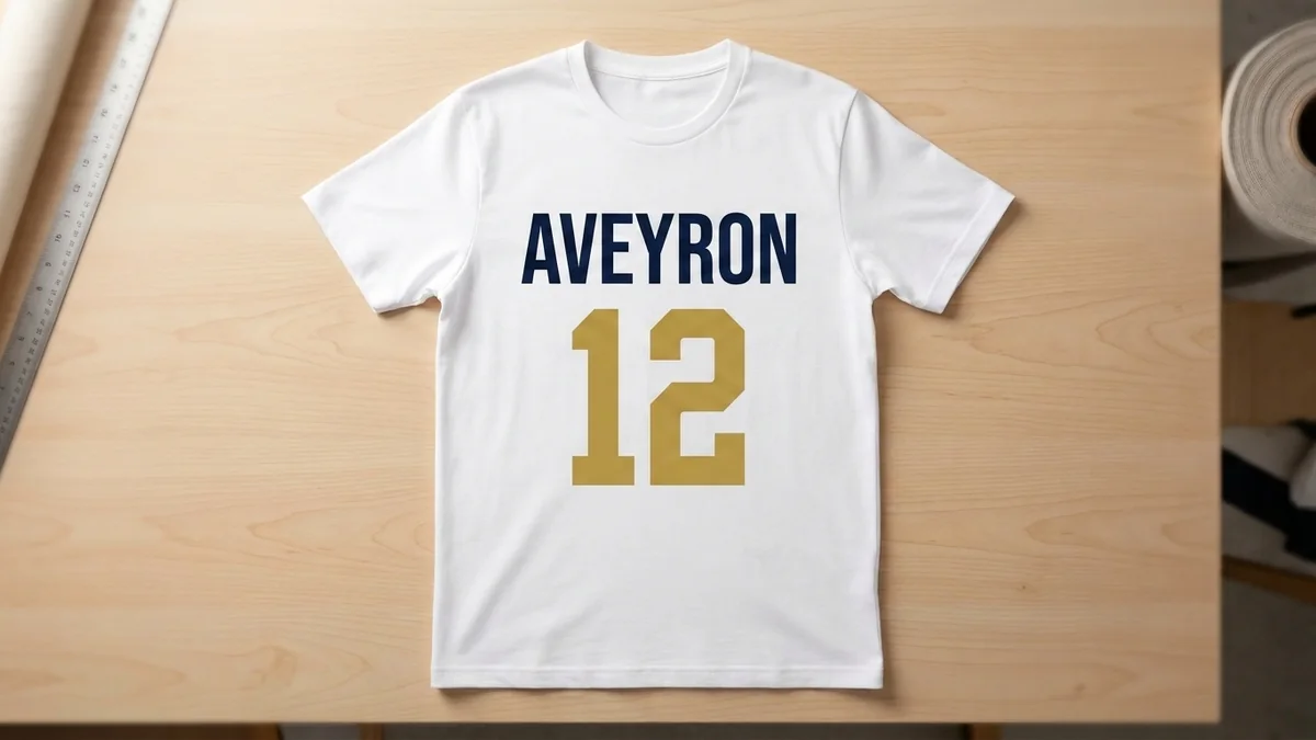 Le même t-shirt après marquage, avec un visuel sportif bleu marine et doré.