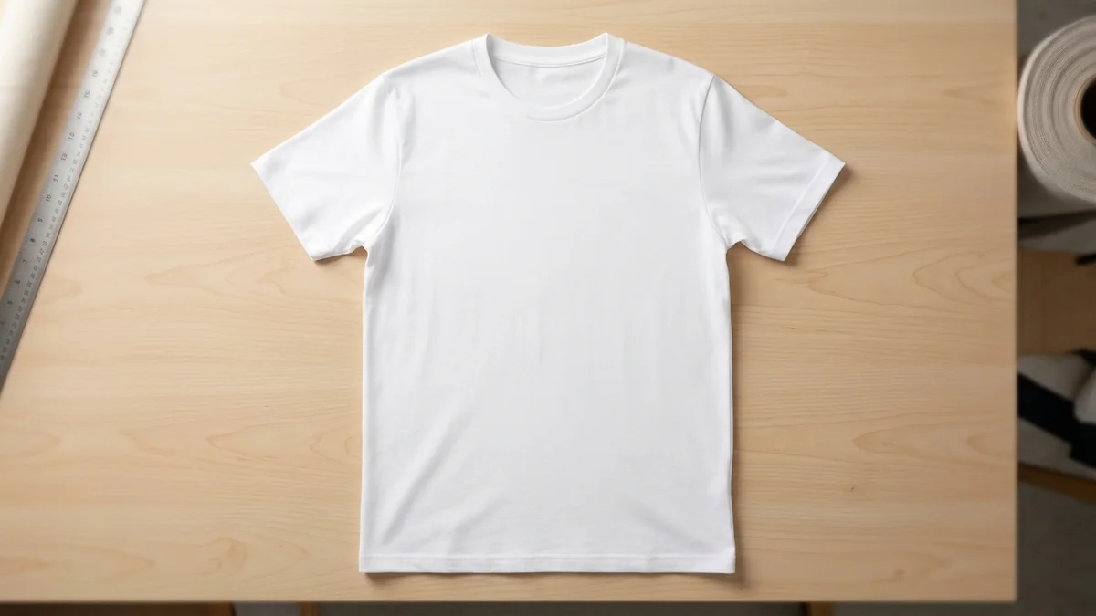 T-shirt blanc vierge posé à plat sur le plan de travail de l'atelier, avant personnalisation.
