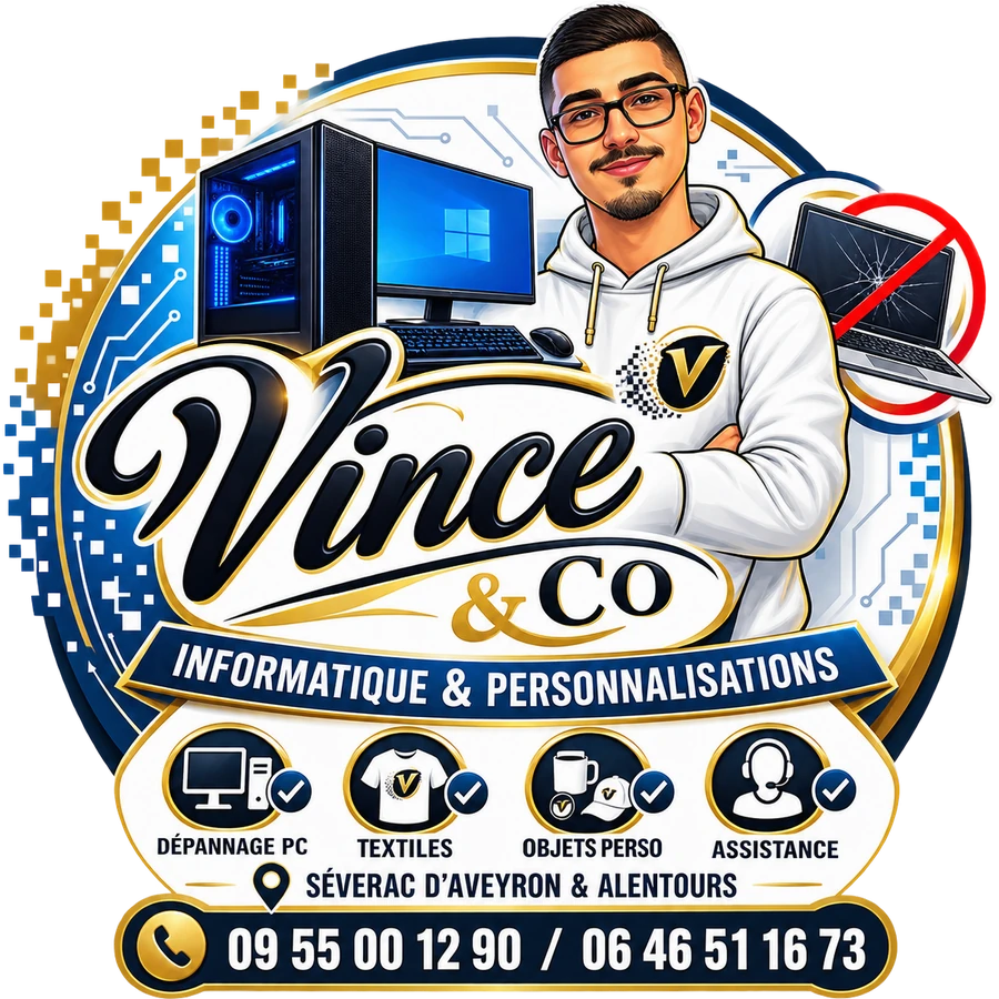 Logo Vince and Co : informatique et personnalisations, Sévérac d'Aveyron et alentours.