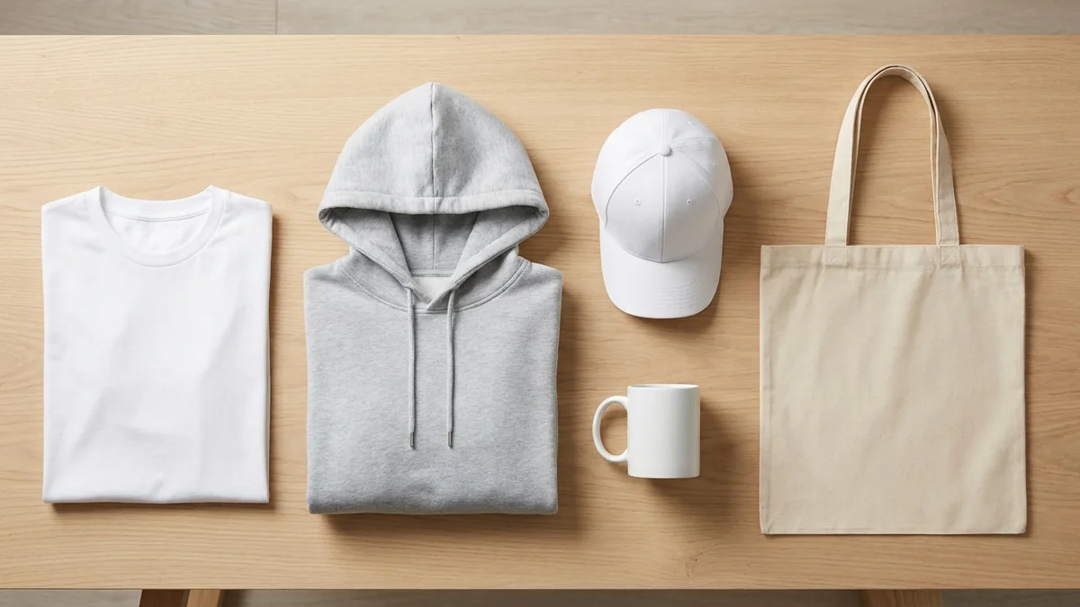 T-shirt, sweat à capuche, casquette, mug et tote bag vierges alignés sur un plan de travail.