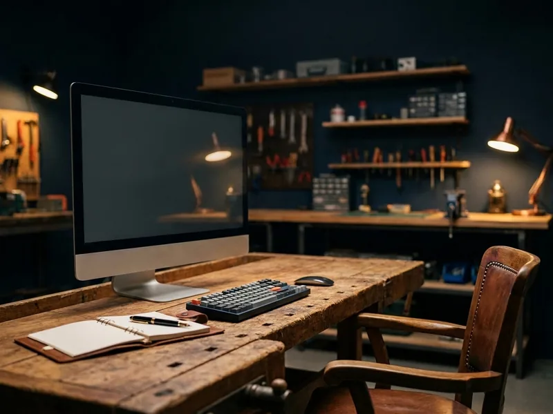 Poste de conseil de l'atelier : ordinateur éteint sur un établi en bois, carnet et stylo, chaise pour le client.