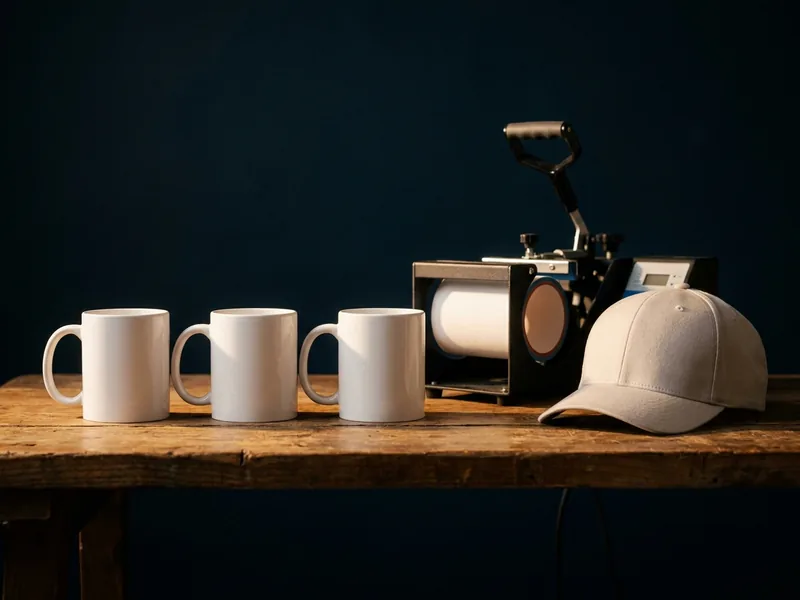Trois mugs blancs vierges et une casquette claire posés près d'une presse à mug.