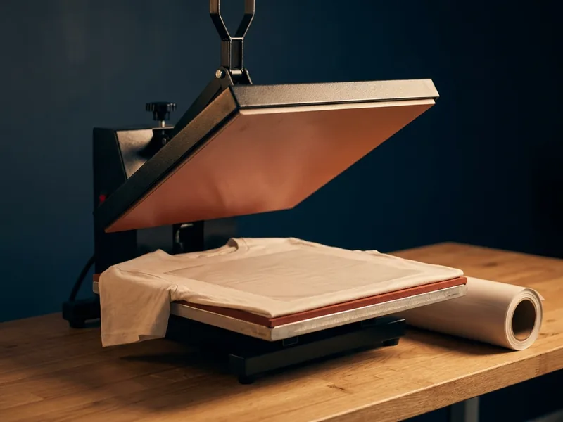Presse à chaud ouverte sur un t-shirt clair, avec une feuille de transfert et un rouleau de flex textile.